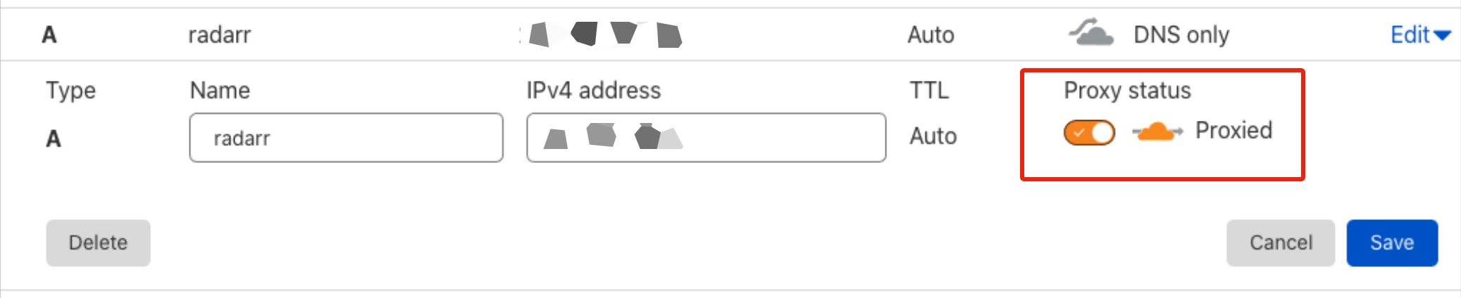 Cloudflare DNS tab showing subdomain with proxy status toggle (DNS Only mode)